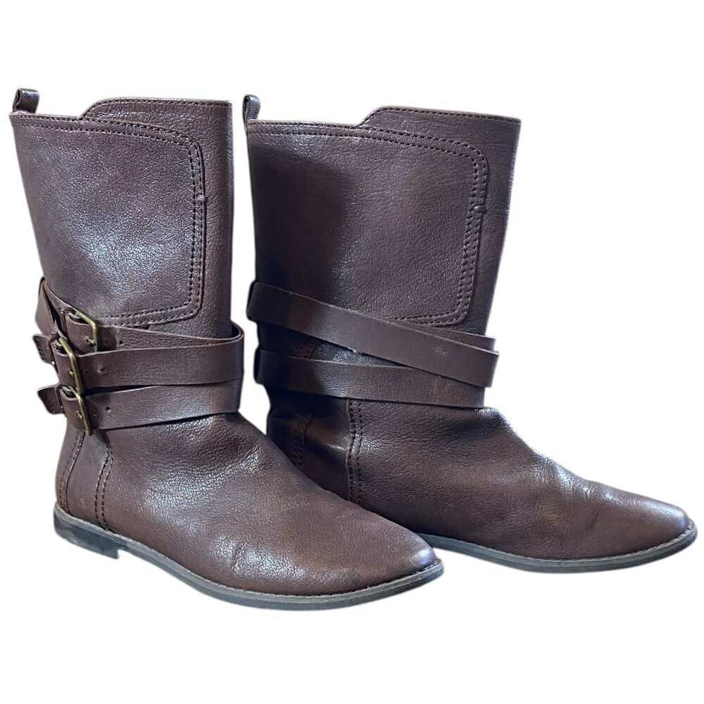Nine West Vasorbie Leather Boots 3 Strap Flat‎ Heel Sz 7 Dark Brown #335F